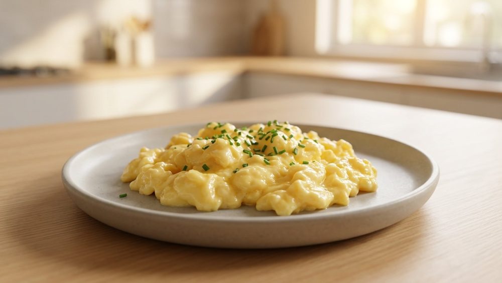 **Alt text:** Close-up photograph of fluffy, soft-scrambled eggs sprinkled with fresh chives on a ceramic plate, bathed in warm morning light with a soft-focus kitchen background.