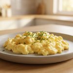 **Alt text:** Close-up photograph of fluffy, soft-scrambled eggs sprinkled with fresh chives on a ceramic plate, bathed in warm morning light with a soft-focus kitchen background.