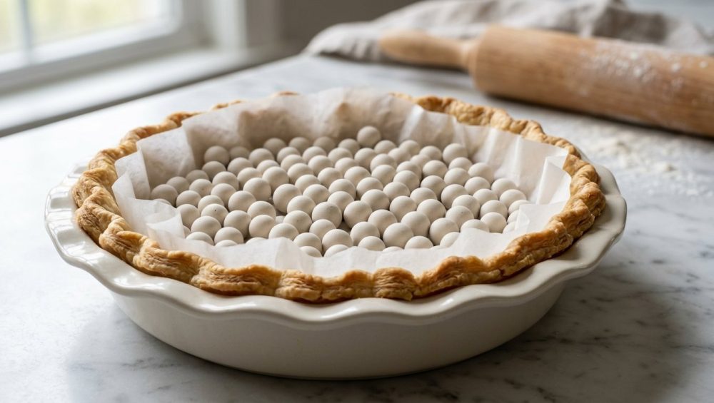 **Alt text:** A golden-brown, fluted pie crust in a white ceramic dish, lined with parchment paper and filled with ceramic baking weights on a marble countertop.