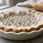 **Alt text:** A golden-brown, fluted pie crust in a white ceramic dish, lined with parchment paper and filled with ceramic baking weights on a marble countertop.