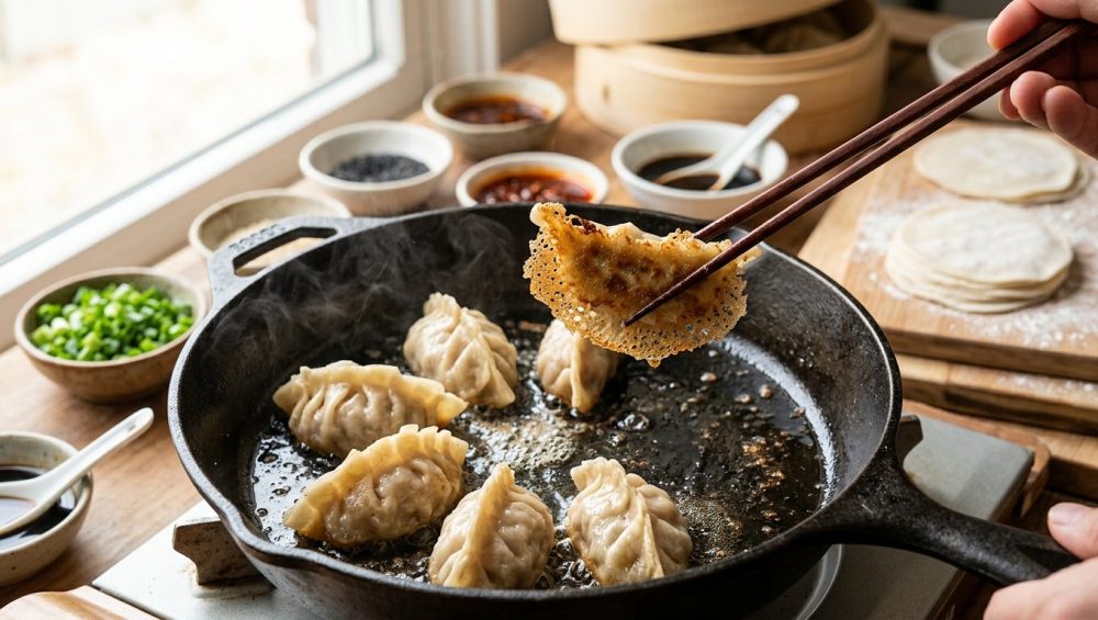 A close-up, high-angle shot of wooden chopsticks lifting a pan-fried dumpling from a seasoned cast-iron skillet, showcasing its crispy, golden-brown lacy crust in a bright, modern kitchen.