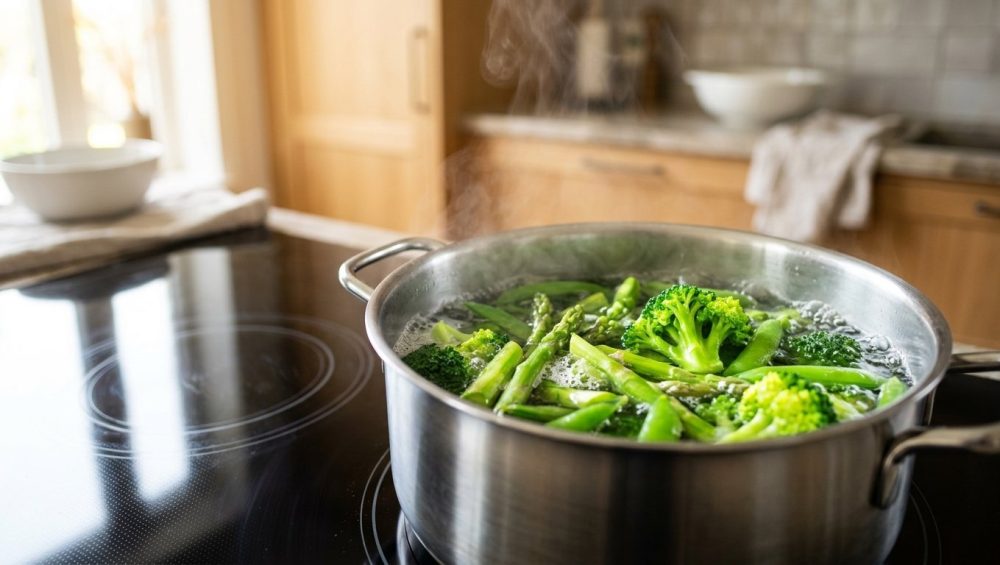 **Alt text:** Vibrant green broccoli, asparagus, and sugar snap peas boiling in an open stainless steel pot on a modern stovetop, with soft steam rising against a warm, blurred kitchen background.