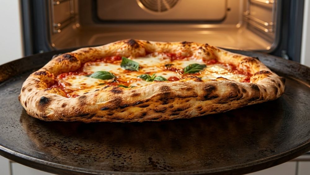 **Alt text:** A close-up shot of a freshly baked pizza on a dark steel baking plate inside a warm oven, highlighting its crispy, charred undercarriage lifting off the steel, topped with melted mozzarella and fresh basil.