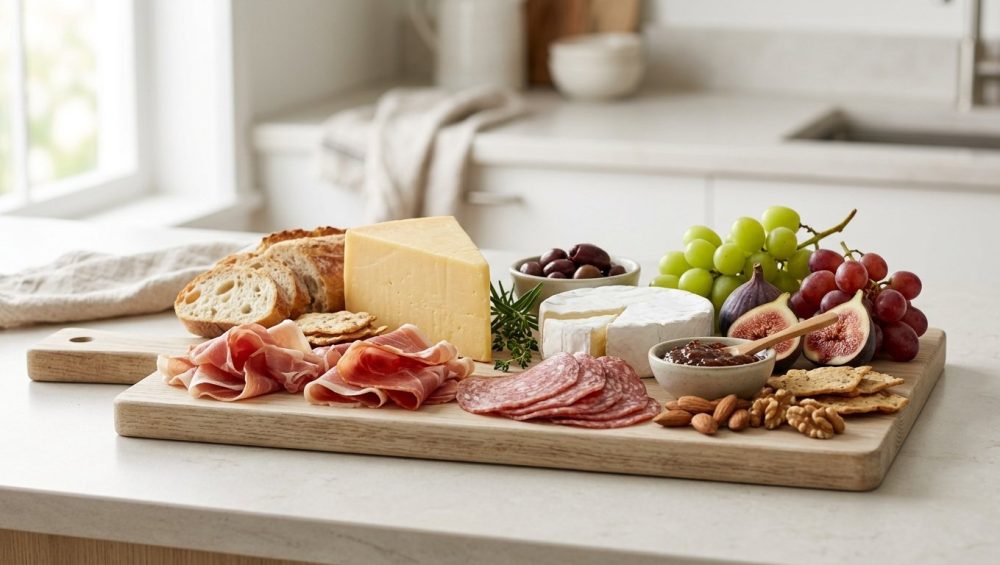 **Alt Text:** An elegantly styled charcuterie board on a light wooden platter, featuring premium cheeses, folded cured meats, fresh figs, and green grapes, shot in soft natural daylight with a blurred background.