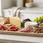 **Alt Text:** An elegantly styled charcuterie board on a light wooden platter, featuring premium cheeses, folded cured meats, fresh figs, and green grapes, shot in soft natural daylight with a blurred background.