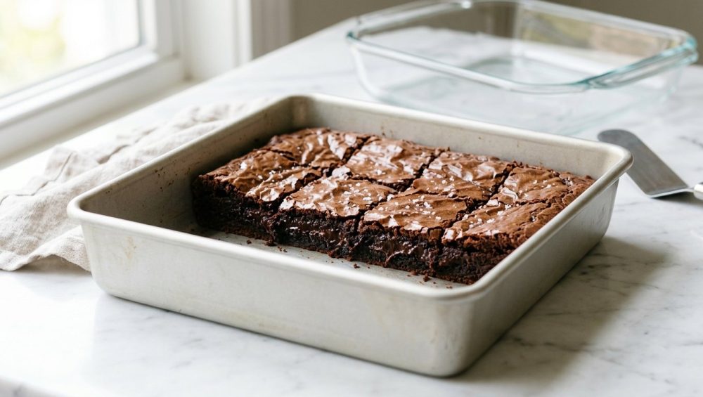 **Alt text:** Fudgy chocolate brownies with a shiny, crinkly crust in a metal baking pan, with an empty glass dish blurred in the background on a marble countertop.