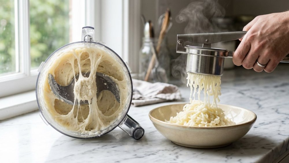 **Alt text:** A side-by-side food photography comparison of potato textures on a sunlit marble counter. On the left, a food processor contains a sticky, gummy potato paste clinging to the blades. On the right, a stainless steel ricer presses out light, fluffy, steaming potato strands into a ceramic bowl.