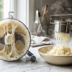 **Alt text:** A side-by-side food photography comparison of potato textures on a sunlit marble counter. On the left, a food processor contains a sticky, gummy potato paste clinging to the blades. On the right, a stainless steel ricer presses out light, fluffy, steaming potato strands into a ceramic bowl.