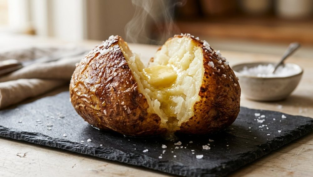 **Alt text:** A close-up of a steaming baked potato sliced open on a dark slate, showing a fluffy interior with melting butter and a crispy, salt-sprinkled skin.