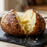 **Alt text:** A close-up of a steaming baked potato sliced open on a dark slate, showing a fluffy interior with melting butter and a crispy, salt-sprinkled skin.