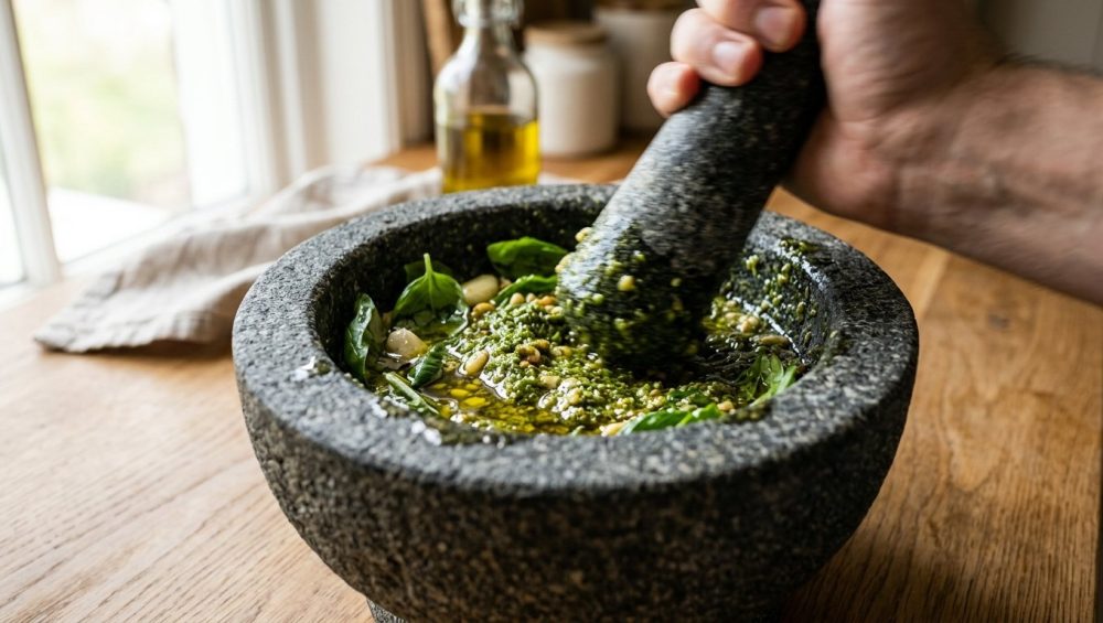 A close-up of a rustic grey granite mortar and pestle filled with freshly crushed green pesto and glistening olive oil on a wooden kitchen countertop.