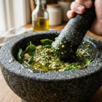 A close-up of a rustic grey granite mortar and pestle filled with freshly crushed green pesto and glistening olive oil on a wooden kitchen countertop.