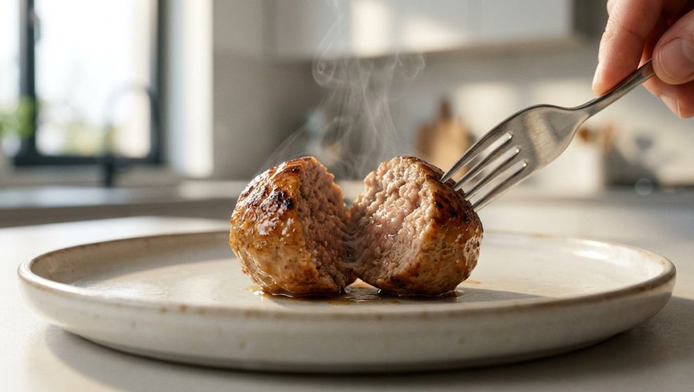 **Alt text:** A close-up photograph of a juicy meatball split in half on a minimalist plate, revealing a steaming, tender interior and a perfectly seared crust.