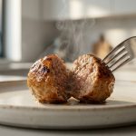 **Alt text:** A close-up photograph of a juicy meatball split in half on a minimalist plate, revealing a steaming, tender interior and a perfectly seared crust.