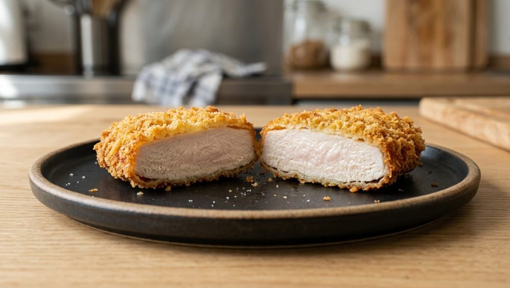 **Alt text:** Macro shot of a golden-brown fried chicken cutlet sliced in half on a dark ceramic plate, showcasing a crispy panko crust perfectly bonded to the juicy meat.