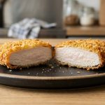 **Alt text:** Macro shot of a golden-brown fried chicken cutlet sliced in half on a dark ceramic plate, showcasing a crispy panko crust perfectly bonded to the juicy meat.