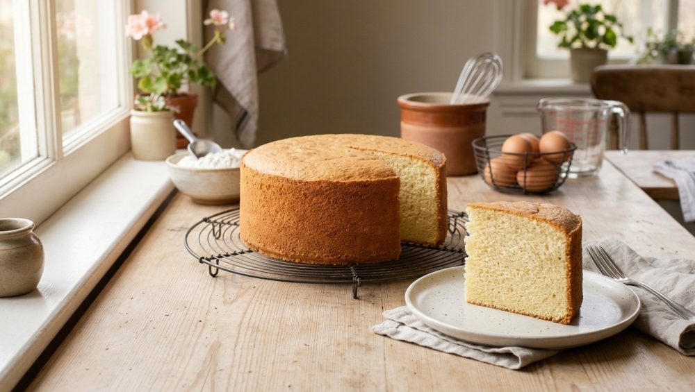 **Alt text:** A freshly baked, golden-brown vanilla sponge cake on a wire cooling rack, with a single slice on a plate showing a fluffy interior, set on a sunlit wooden kitchen counter.