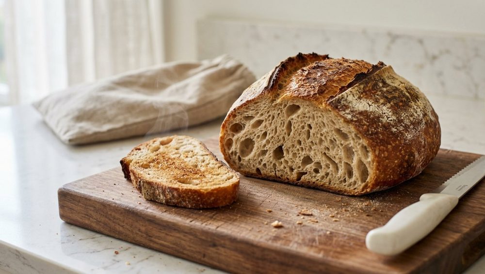 A sliced artisan sourdough bread loaf on a wooden cutting board, showcasing a soft, airy interior with large air pockets. A warm, toasted slice rests nearby on a sunlit kitchen countertop.