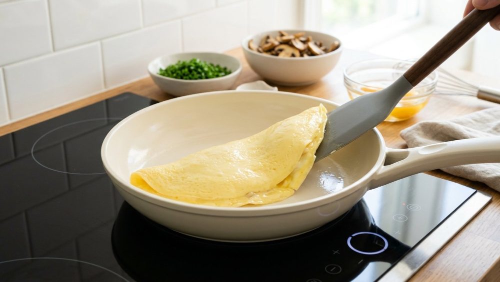 **Alt text:** A perfectly folded, pale yellow French omelet cooking in a cream-colored ceramic skillet. A grey spatula gently lifts the edge of the glossy omelet, set against a bright, sunlit kitchen background.