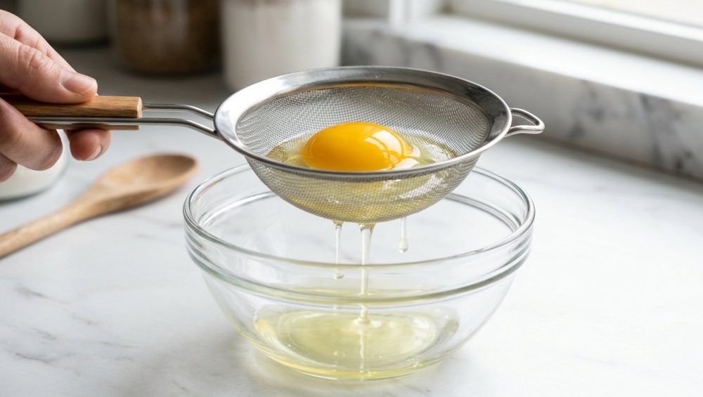 **Alt text:** A close-up, sunlit photo of a raw egg in a stainless steel mesh sieve held over a glass bowl. The vibrant golden yolk remains intact inside the sieve, while the clear, watery outer white slowly drips through the mesh onto a bright marble countertop.