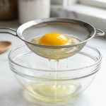 **Alt text:** A close-up, sunlit photo of a raw egg in a stainless steel mesh sieve held over a glass bowl. The vibrant golden yolk remains intact inside the sieve, while the clear, watery outer white slowly drips through the mesh onto a bright marble countertop.