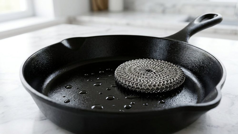 **Alt text:** Macro photograph of a stainless steel chainmail scrubber resting on a glossy, seasoned black cast iron skillet. Glistening water droplets bead on the hydrophobic surface in a bright, modern kitchen.