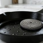 **Alt text:** Macro photograph of a stainless steel chainmail scrubber resting on a glossy, seasoned black cast iron skillet. Glistening water droplets bead on the hydrophobic surface in a bright, modern kitchen.