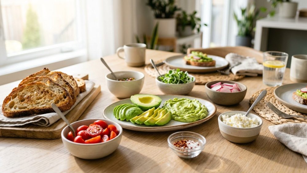 **Alt Text:** A bright, sunlit DIY avocado toast bar on a light wooden table, featuring a central platter of fresh, vibrant green avocado slices and mash, surrounded by toasted sourdough and small bowls of colorful toppings like cherry tomatoes, radishes, and feta cheese.
