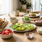 **Alt Text:** A bright, sunlit DIY avocado toast bar on a light wooden table, featuring a central platter of fresh, vibrant green avocado slices and mash, surrounded by toasted sourdough and small bowls of colorful toppings like cherry tomatoes, radishes, and feta cheese.