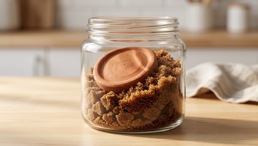 **Alt text:** A close-up photograph of a glass jar filled with brown sugar on a wooden counter. A damp terracotta disc rests on top, softening the hard, clumpy sugar below into moist, fluffy granules under soft, natural light.