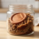 **Alt text:** A close-up photograph of a glass jar filled with brown sugar on a wooden counter. A damp terracotta disc rests on top, softening the hard, clumpy sugar below into moist, fluffy granules under soft, natural light.