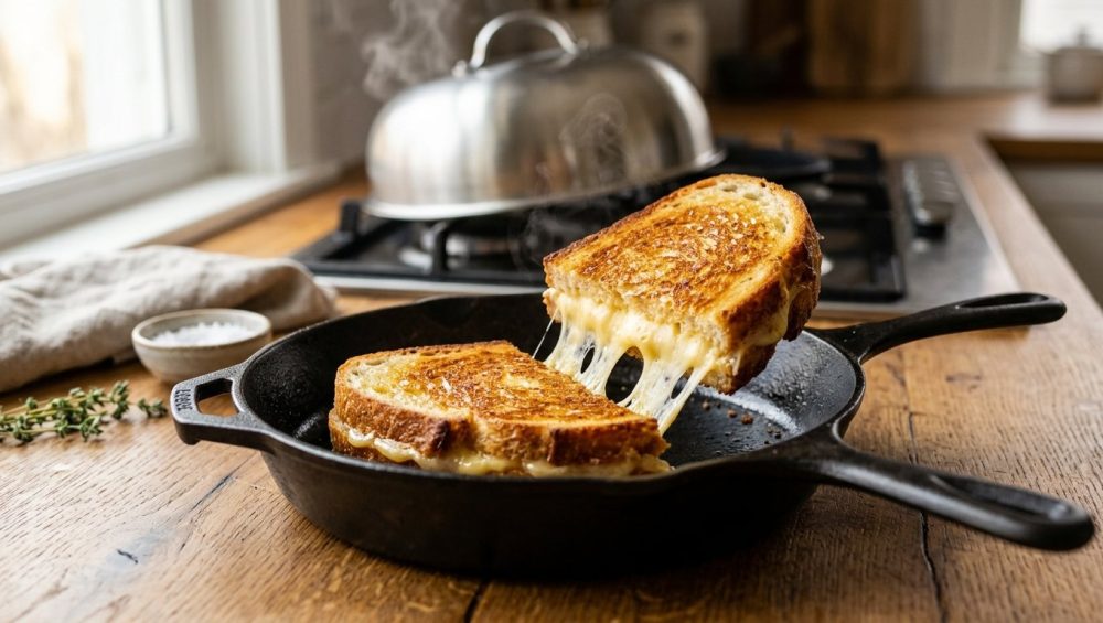 **Alt text:** A golden-brown grilled sourdough cheese sandwich in a cast-iron skillet, sliced in half with a dramatic stretch of melted cheese under warm, natural kitchen light.