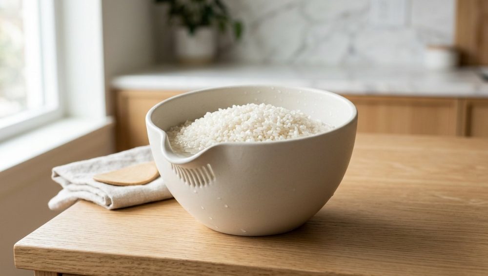 **Alt text:** Raw, glistening white rice in a minimalist off-white Japanese washing bowl with drainage slots, illuminated by soft morning sunlight on a clean kitchen counter.