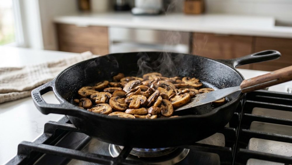 **Alt text:** Close-up of golden-brown sliced cremini and button mushrooms searing in a hot cast-iron skillet, with a faint wisp of steam rising.