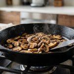 **Alt text:** Close-up of golden-brown sliced cremini and button mushrooms searing in a hot cast-iron skillet, with a faint wisp of steam rising.
