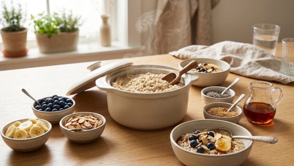 **Alt text:** An elegant, sunlit breakfast station featuring a steaming pot of creamy oatmeal surrounded by small bowls of fresh blueberries, sliced bananas, almonds, and golden maple syrup.