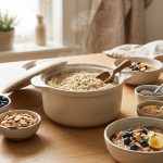 **Alt text:** An elegant, sunlit breakfast station featuring a steaming pot of creamy oatmeal surrounded by small bowls of fresh blueberries, sliced bananas, almonds, and golden maple syrup.