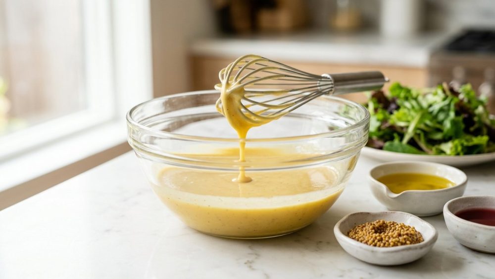 A bright, close-up photograph of a creamy golden-yellow vinaigrette in a glass mixing bowl on a white marble countertop. A wire whisk rests in the bowl with the thick dressing dripping from its wires, flanked by small ceramic dishes of mustard seeds, olive oil, and red wine vinegar against a softly blurred background of green salad leaves.