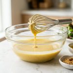 A bright, close-up photograph of a creamy golden-yellow vinaigrette in a glass mixing bowl on a white marble countertop. A wire whisk rests in the bowl with the thick dressing dripping from its wires, flanked by small ceramic dishes of mustard seeds, olive oil, and red wine vinegar against a softly blurred background of green salad leaves.