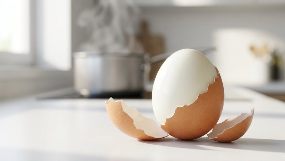 **Alt text:** A close-up of a hard-boiled egg being peeled on a bright kitchen counter, its shell sliding off in a perfect spiral to reveal a flawless, glossy white surface.