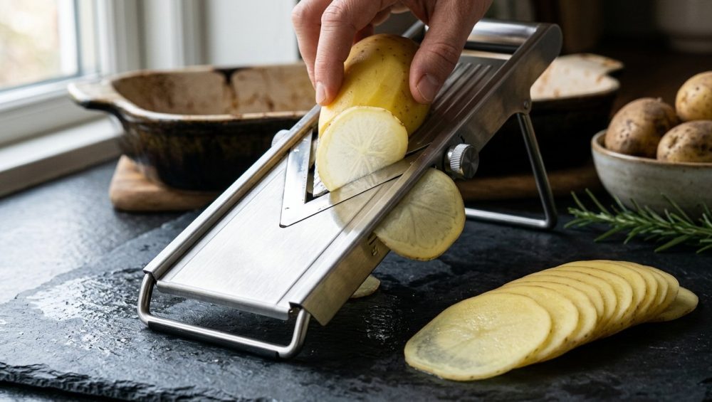 **Alt text:** Close-up of a sleek stainless steel mandoline slicer cutting a yellow potato, with a paper-thin slice gliding off the blade next to a neat fan of uniform potato slices on a dark slate countertop.