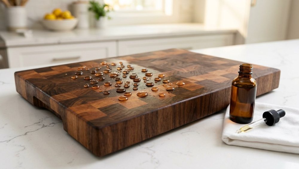 **Alt text:** A close-up of a walnut and cherry wood cutting board, with one half freshly oiled to a rich sheen with beaded water droplets. An amber dropper bottle and white cloth sit beside it on a bright quartz countertop.