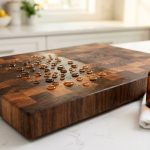 **Alt text:** A close-up of a walnut and cherry wood cutting board, with one half freshly oiled to a rich sheen with beaded water droplets. An amber dropper bottle and white cloth sit beside it on a bright quartz countertop.
