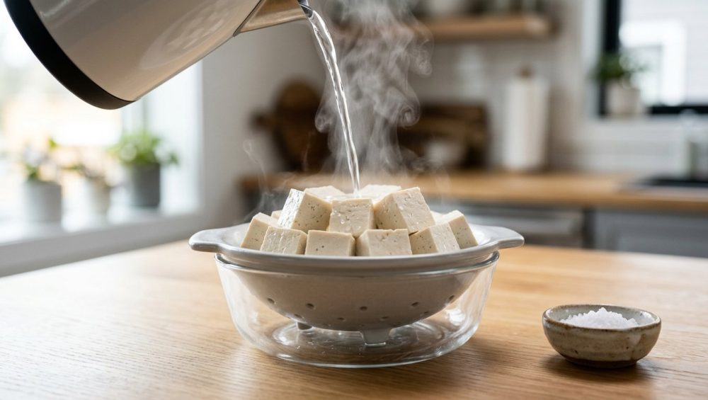 **Alt text:** Hot water is poured over fresh tofu cubes in a ceramic colander, with steam rising. A small bowl of sea salt sits on the bright wooden countertop in the background.