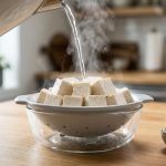 **Alt text:** Hot water is poured over fresh tofu cubes in a ceramic colander, with steam rising. A small bowl of sea salt sits on the bright wooden countertop in the background.