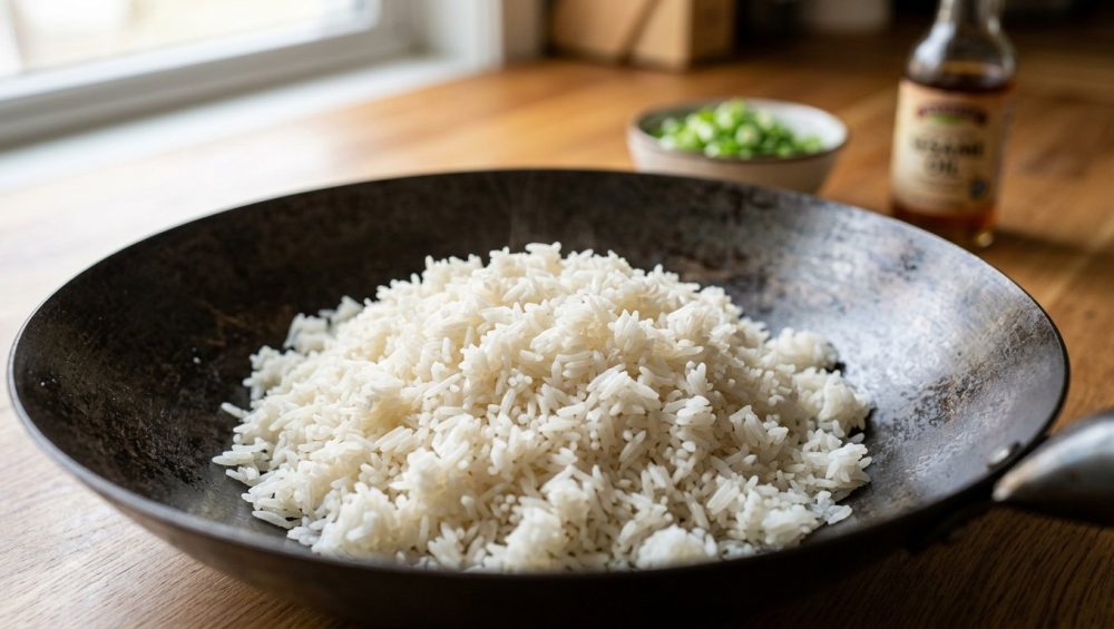 **Alt text:** Macro photograph of fluffy, perfectly separated grains of cooked jasmine rice in a dark carbon steel wok, illuminated by soft natural light with a blurred background of chopped green onions.