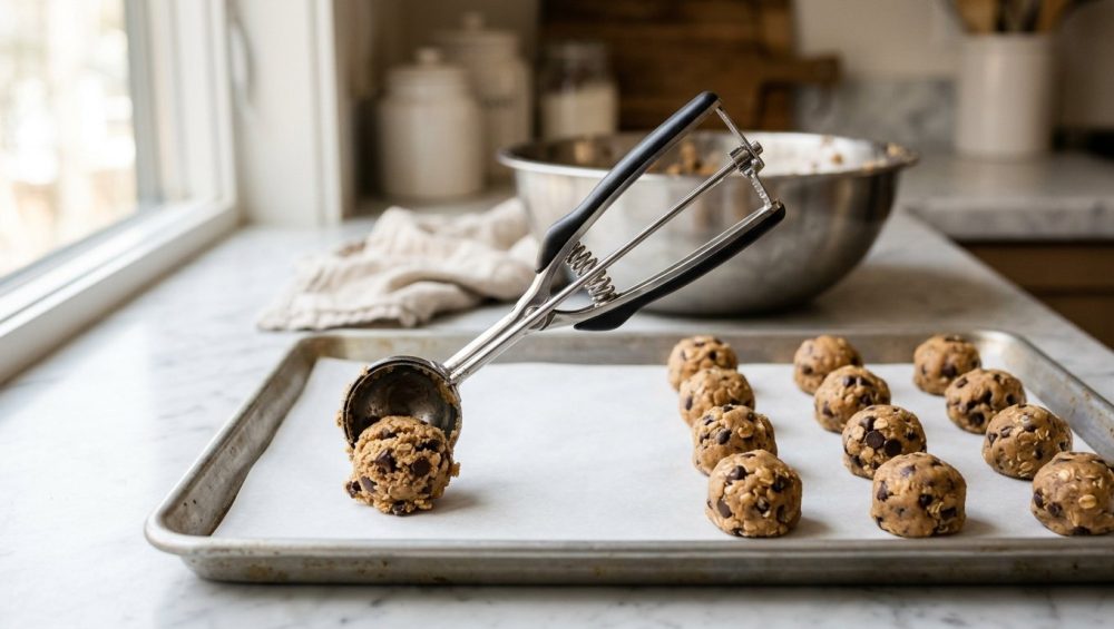**Alt text:** A close-up, high-end food photograph of a stainless steel scoop releasing a perfect ball of chocolate chip cookie dough onto a baking sheet lined with white parchment paper, next to a neat, orderly grid of identical dough balls in a bright, modern kitchen.