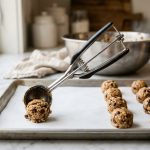 **Alt text:** A close-up, high-end food photograph of a stainless steel scoop releasing a perfect ball of chocolate chip cookie dough onto a baking sheet lined with white parchment paper, next to a neat, orderly grid of identical dough balls in a bright, modern kitchen.