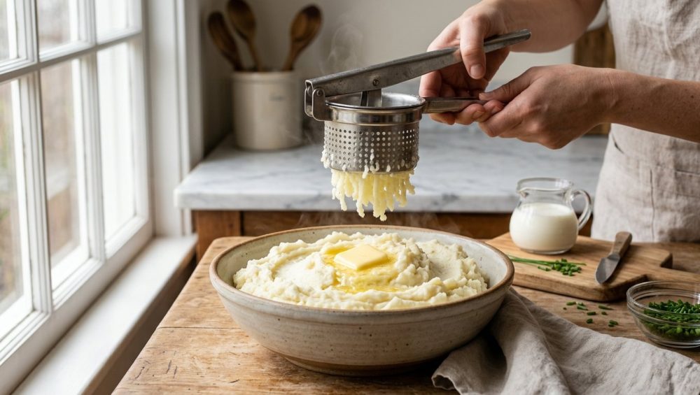 **Alt text:** A rustic ceramic bowl filled with fluffy, steaming mashed potatoes topped with a melting pat of butter. A stainless steel potato ricer is held above, pressing soft potato ribbons into the bowl under warm, natural morning light.