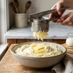 **Alt text:** A rustic ceramic bowl filled with fluffy, steaming mashed potatoes topped with a melting pat of butter. A stainless steel potato ricer is held above, pressing soft potato ribbons into the bowl under warm, natural morning light.